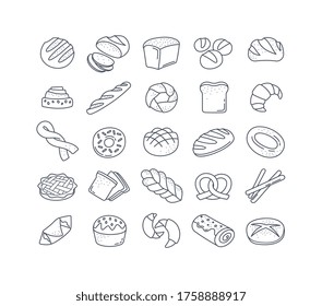 Large set of 25 black and white bread icons showing assorted loaves, rolls, buns, cakes, pretzels, bagels and pastries in vector line drawings