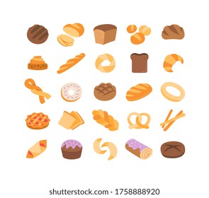 Large set of 25 colorful bread icons showing assorted loaves, rolls, buns, cakes, pretzels, bagels and pastries in vector line drawings