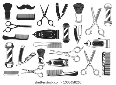 Large set of 25 haircut or barbershop icons and elements isolated on white background. 12 Barbershop and haircuts salon design elements in 3 other styles. Vector illustration
