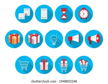 Large set of 2D and 3D icons in a circle, promotion, discount, gift, bonus, shop. Box in a shopping basket, shopping trolley, clock, hourglass, check-02