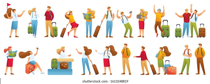 Large set of 2D characters, tourists on vacation, at the airport, on excursions. For Vector illustrations.