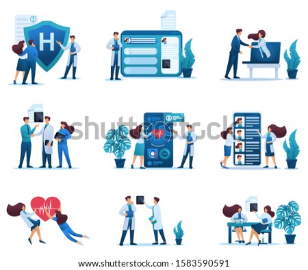 Large set of 2D concepts of communication between patients and doctors and medical staff in the hospital.