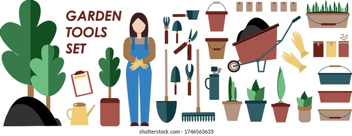 A large set of 30 elements, a man in work clothes, garden tools and plants. For the design of information banners, booklets and guides on gardening, catalogs of garden shops. Vector graphics.