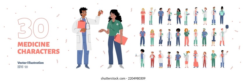 Large Set Of 30 Medical Staff Characters Isolated On White Background. Flat Vector Illustration Of Male, Female Doctors, Nurses, Lab Workers Of Different Age, Religion, Specialty. Hospital Employees