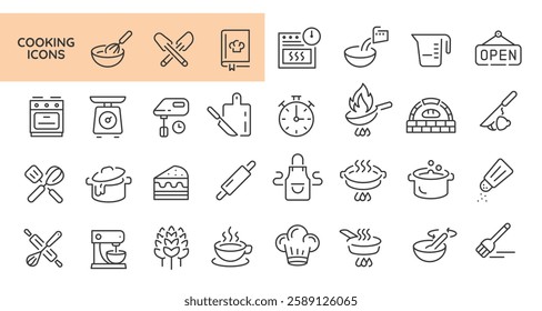 Large set of 31 cooking trendy minimal icons. Rolling Pin, Salt Shaker, Cooking Book, Chef Hat, Timer, Soup Bowl icons. Design signs for web page, mobile app, packaging design. Vector illustration