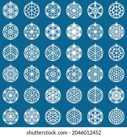 A large set of 36 elements based on the Japanese craft Kumiko.Snowballs.