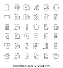 Grande conjunto de 36 iconos vectoriales minimalistas de línea de teléfono inteligente.