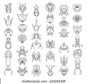Large Set of 37 hand drawn cartoon monsters and creatures in top down view