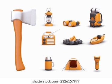 Gran conjunto de ilustraciones 3D para acampar. 10 imágenes vectoriales con sombras sobre fondo blanco. Ax, lámpara de queroseno, binoculares, mochila, radio, fogata, barco, termo, carpa, linterna. Icono de color