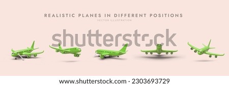 Large set of 3D planes in different positions, with shadows. Airplane is flying, landing, on ground, during boarding of passengers. Bright illustrative material on topic of air travel
