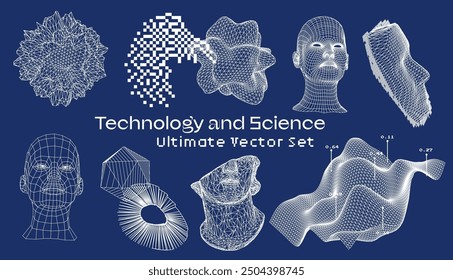 Grande conjunto de Ilustraciones vectoriales 3D relacionadas con la tecnología científica, mostrando figuras abstractas y esquemas y planos.