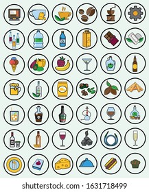 Large set of 40 colored flat icons. For web store. Icons on the theme of food, hookah, drinks, sales.
