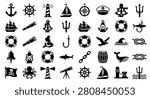 Large set of 40 flat black nautical icons featuring anchors, lighthouses, sailboats, steering wheels, compasses, marine animals, pirate symbols, and navigation tools on white.