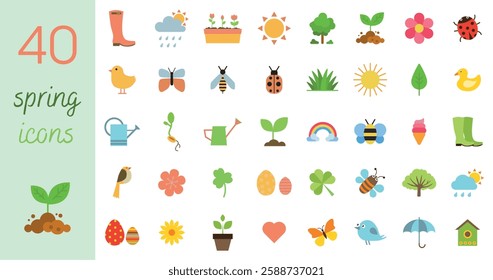 A large set of 40 spring icons, objects, things, elements. Spring stickers for posters and greeting cards. Hello spring. Hand drawn vector illustration. 