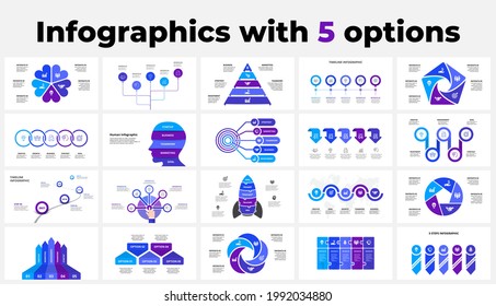 Large set of 5 options infographics for presentations and data visualization. Pyramid, timeline, rocket, arrows, circle digrams and other business templates.