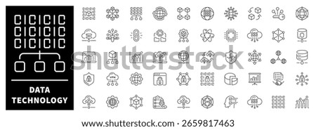 Large set of 50 linear icons focusing on data storage, cloud services, and digital processing. Perfect for illustrating information systems, servers, and file synchronization.