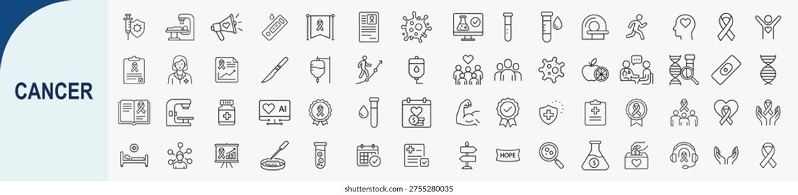 Large set of 50 minimalist outline cancer awareness and oncology medical icons for healthcare support and disease prevention infographic design