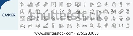 Large set of 50 minimalist outline cancer awareness and oncology medical icons for healthcare support and disease prevention infographic design