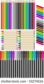 A large set of 88 realistic crayons, colored pencils, chalk pastels, and markers. Each in 22 different colors. Vector.