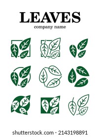 Large set of 9 logo options. Logo Template. Leaves silhouette. Modern vector sign. Premium quality illustration logo design concept. Bio. Ecology