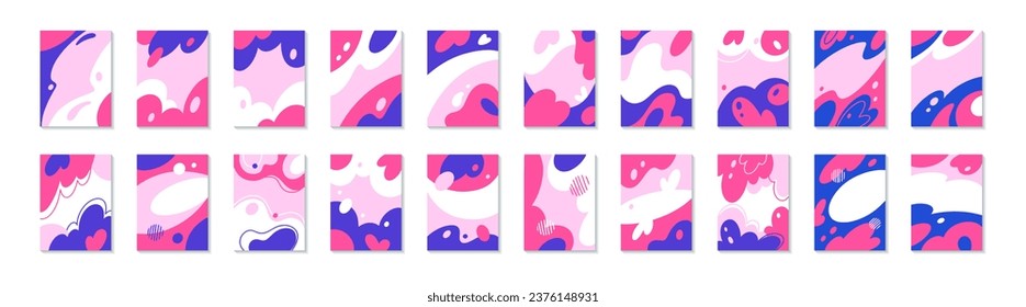 Large set with abstract backgrounds. Templates for design. Bright abstract shapes, lines and spots. Purple and pink. Children's cards