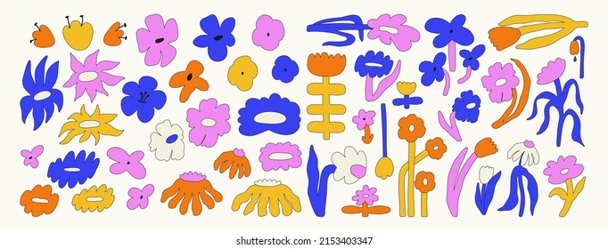 Large set of abstract bold flower buds and flowers on stems. Floral spring-summer collection. Bright vector illustration of flowers with an outline. Naive art, Infantile Style Art. Isolated elements