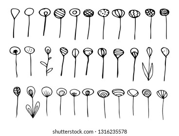 Large set of abstract flowers and black line elements isolated on white background, for design and decoration, stock vector illustration, print, sticker