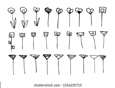 Large set of abstract flowers and black line elements isolated on white background, for design and decoration, stock vector illustration, print, sticker