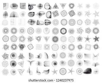 Large set of abstract geometric  elements and shapes on white background. Sacred geometry, esoteric symbols. Use for banknote, currency, logos voucher or money design.