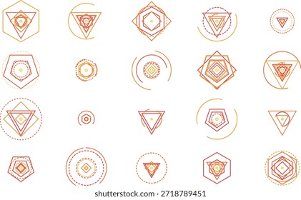 Grande Conjunto de Ícones de Linha Geométrica Abstratos com Pentágono Triangular e Formas de Hexágono no Estilo de Contorno Laranja