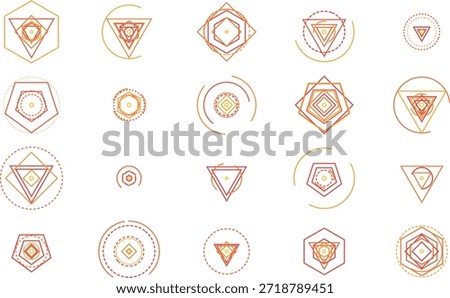 Large Set of Abstract Geometric Line Icons with Triangle Pentagon and Hexagon Shapes in Orange Outline Style