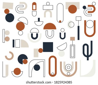 A large set of abstract geometric shapes. Modern aesthetic figures. Mid - century modern minimalist print. Neutral geometric art. Organic form.