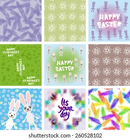 large set of Abstract grunge texture, floral seamless pattern, Happy Easter card design, Happy St. Patrick's Day seamless pattern, It's your day freehand drawing. Vector 