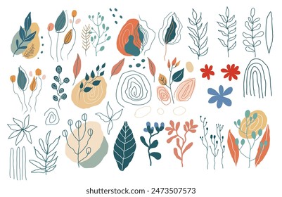 Large set of abstract Memphis plants. Uneven lines, dots and spirals, colored spots. elements for design.