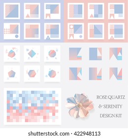 Large set of abstract modern design elements, shapes, palette, patterns and card templates in Rose Quartz and Serenity colors.