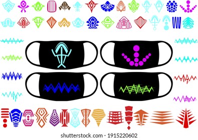 A large set of abstract prints on masks in the form of various geometric shapes in the style of the future. Vector illustration.