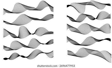 A large set of abstract smooth wavy line blends isolated on a white background. Dynamic wave line blend for design element. Abstract twisted curve lines with blend effect.	
