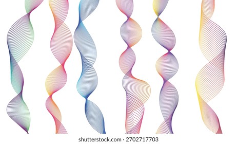 A large set of abstract smooth wavy line blends isolated on a white background. Dynamic gradient color wave line blend for a design element. Abstract twisted curve lines with blend effect.	
