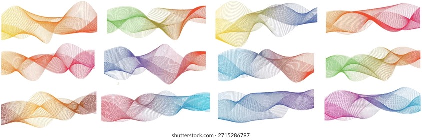 Un Grande conjunto de líneas onduladas suaves abstractas se mezcla aislado sobre un fondo blanco. Mezcla de líneas de onda de color de degradado dinámico para un elemento de diseño. Abstractas líneas de curva trenzada con efecto de fusión.