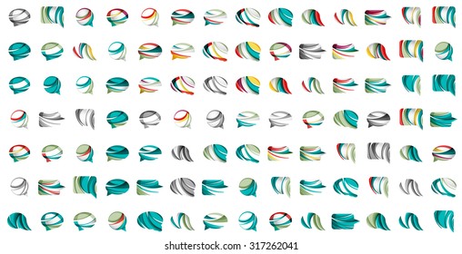 Large set of abstract speech bubble and cloud icons, business logotype concepts, clean modern geometric design. Created with transparent abstract wave lines