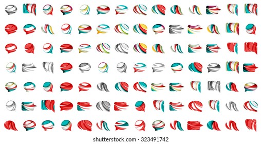 Gran conjunto de burbujas de habla abstractas e iconos en la nube, conceptos de logotipo empresarial, diseño geométrico moderno y limpio. Creado con líneas de onda abstractas transparentes