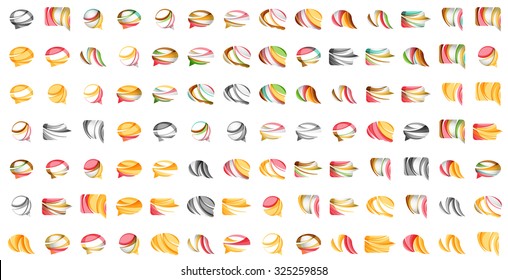 Large set of abstract speech bubble and cloud icons, business logotype concepts, clean modern geometric design. Created with transparent abstract wave lines