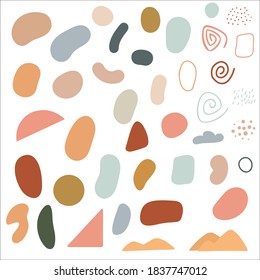 A large set of abstract spots, shapes, lines in pastel colors for decoration, design of social networks, notebooks, clothes, cards, business cards.
