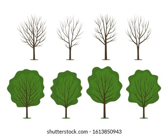 A large set of abstract stylistic trees with green leaves and bare branches. different seasons in the garden. flat vector illustration isolated on white background