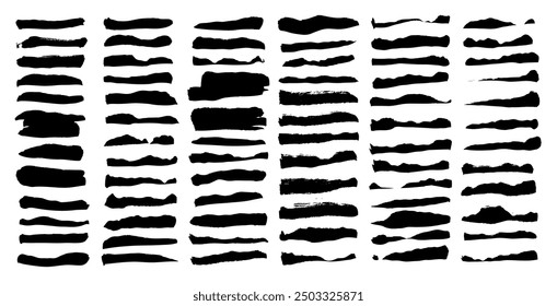 Grande conjunto de pinceladas negras texturizadas gruesas abstractas aisladas sobre fondo blanco. Imagen producida sin el uso de ninguna forma de software de IA en ninguna etapa.