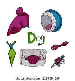 Large set of accessories for pets. Illustration of clothes, houses, fashion accessories for pets as a blank for a designer, logo, icon, print