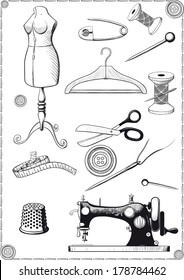 large set of accessories for sewing vintage engraving drawn as