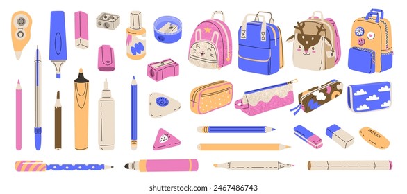 Un Grande juego de accesorios para el estudiante. Elegantes mochilas para niños con personajes de dibujos animados. Accesorios brillantes para niños para la creatividad y el aprendizaje. Ilustración vectorial aislada