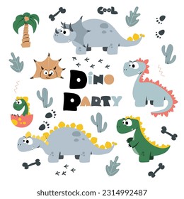 A large set of adorable drawings of dinosaur characters. Set for children's illustration. Vector illustration.