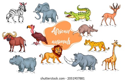 Large set of African animals. Funny animal characters in cartoon style. Children's illustration. Vector collection.